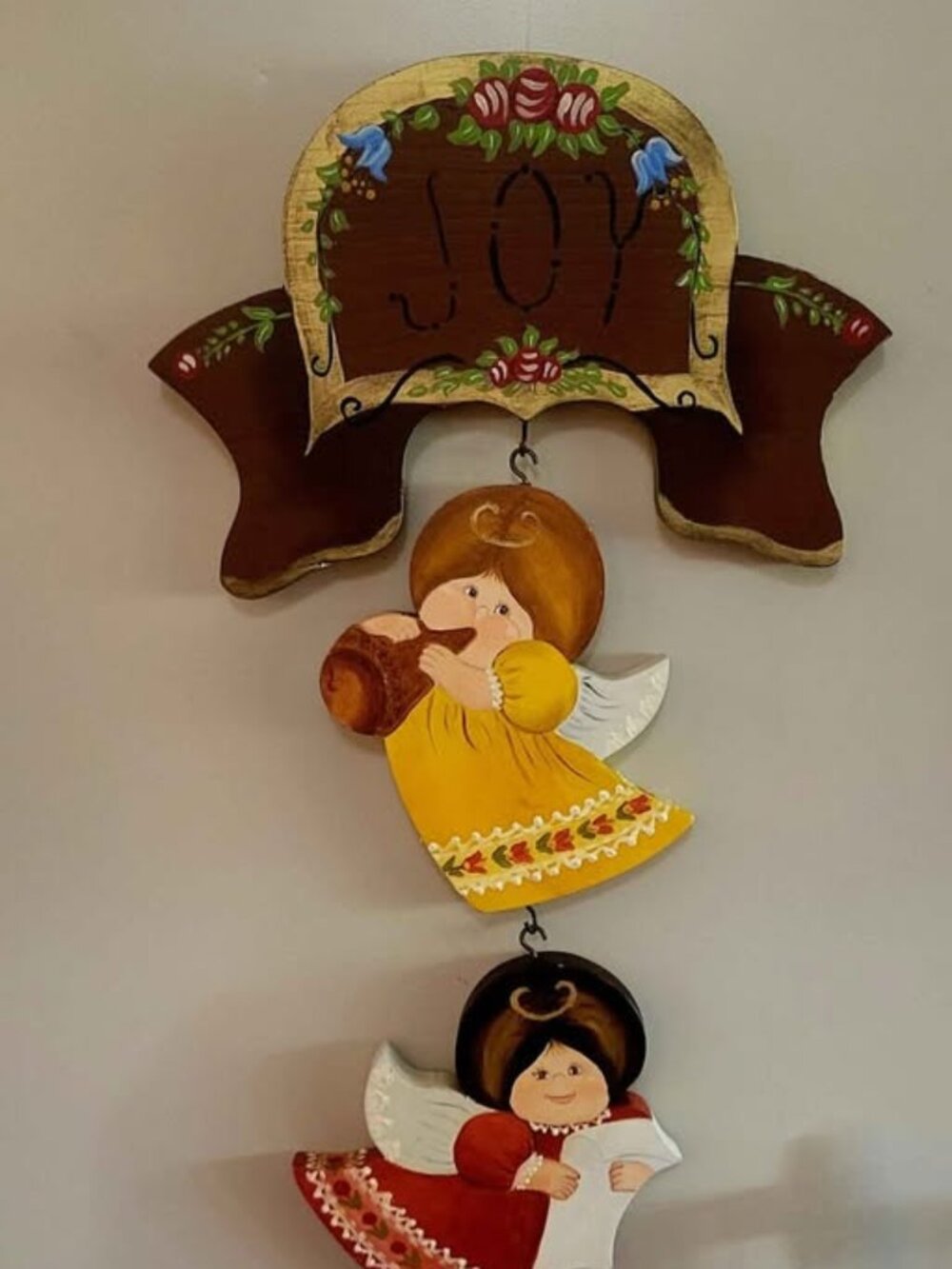 Vintage Hand Painted Rustic Folk Art Wooden Christmas Angel Wall Plaque